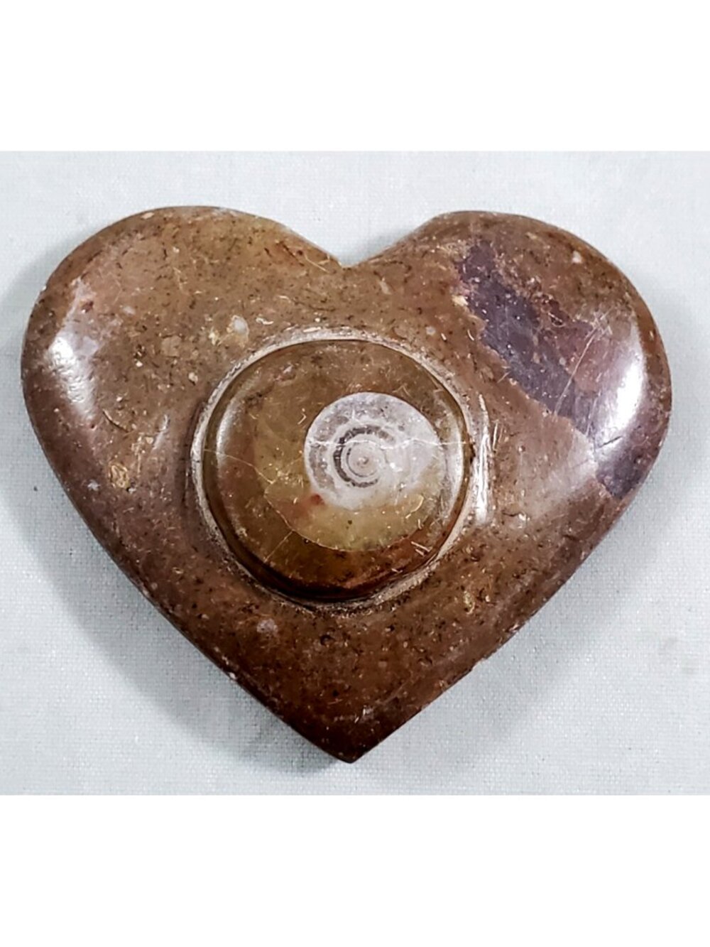 Hand Carved Moroccan Brown Marble Stone Heart w/ Ammonite Spiral Paperweight